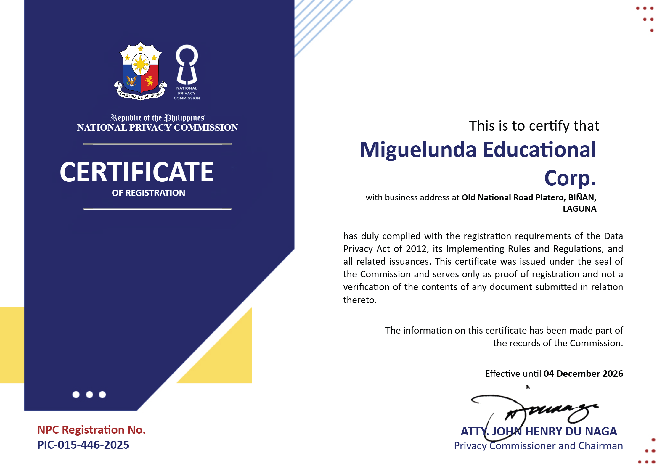 NPC Registration Certificate